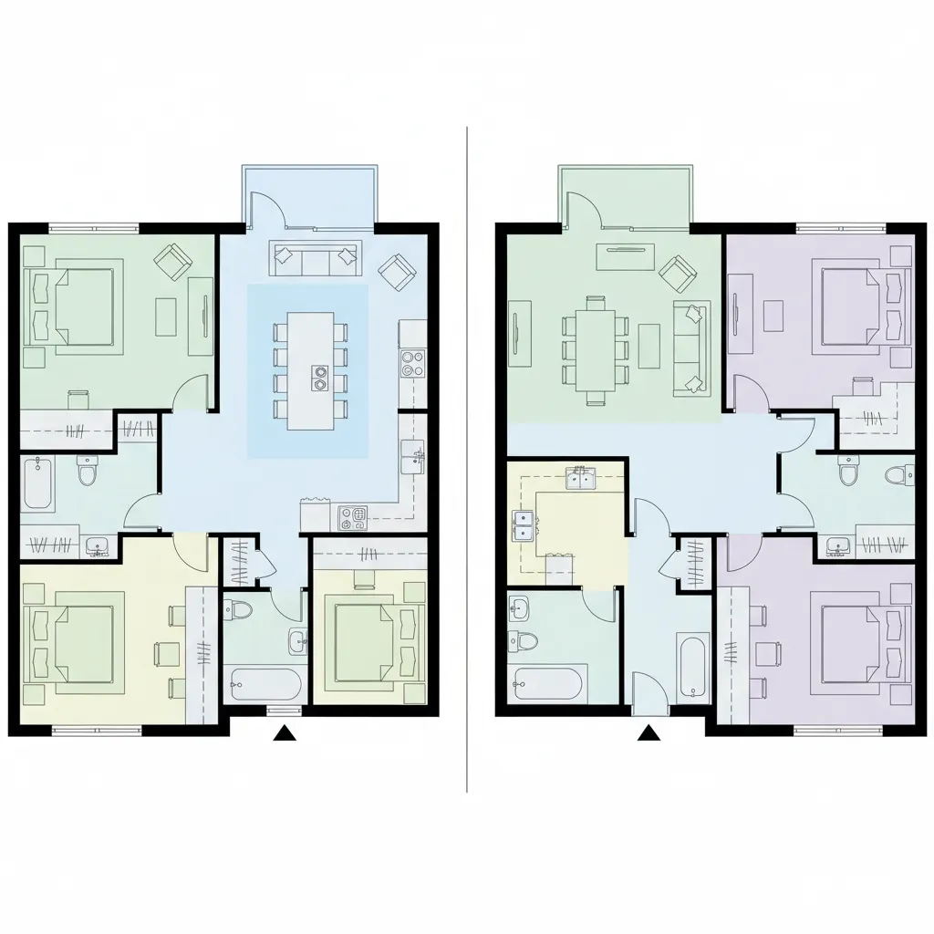 3 bedroom 2 bath floor plan comparison showing open and traditional layouts