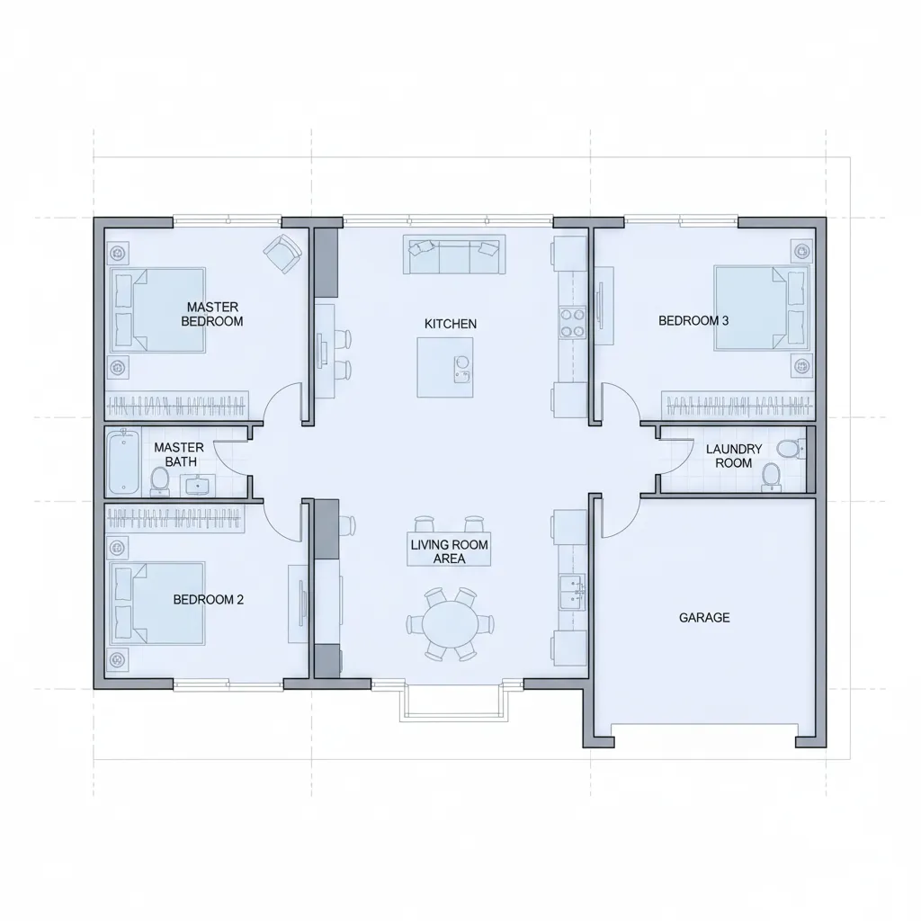 top view architectural layout of a typical 3 bedroom 2 bath house plan