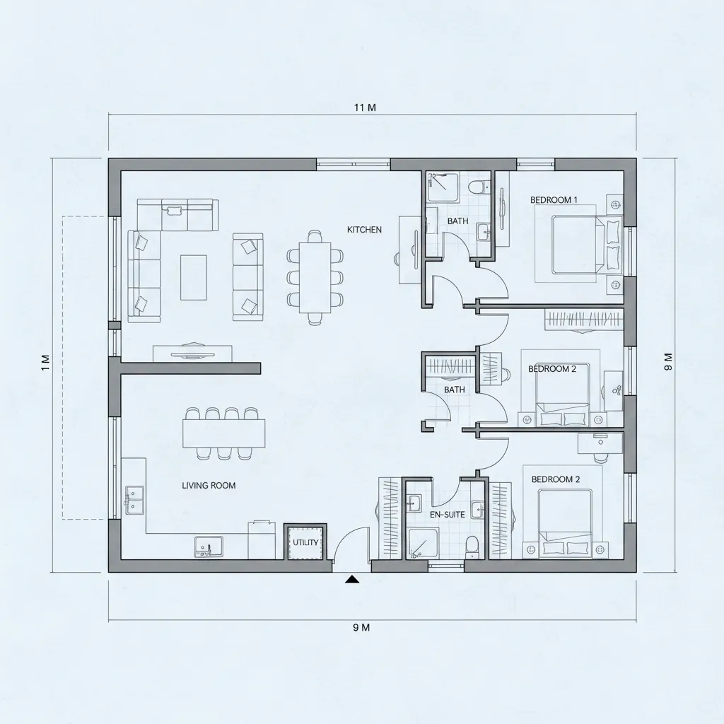 Contoh denah rumah 11x9 dengan tiga kamar tidur