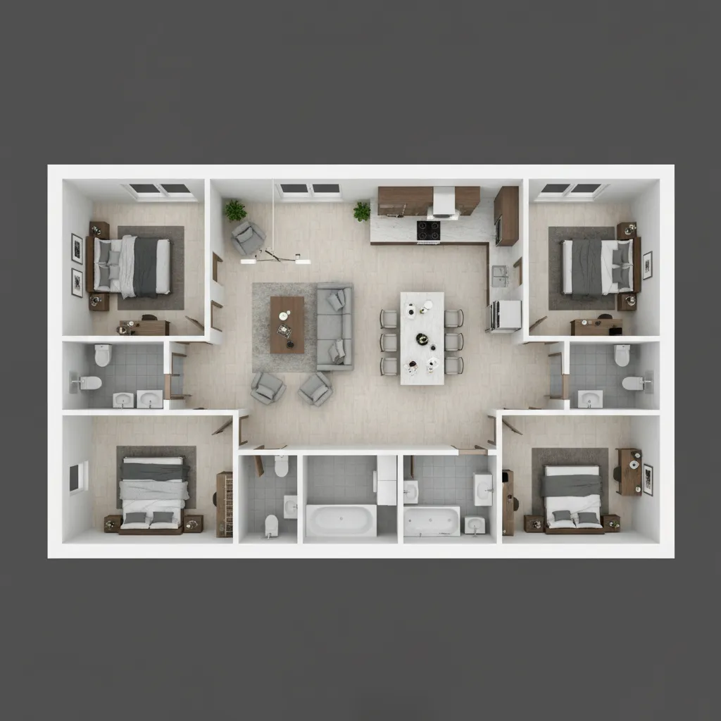 3D floor plan layout of one floor house with three bedrooms and open living area