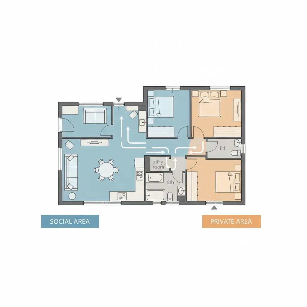 diagrama de zonas de planta de casa com três quartos