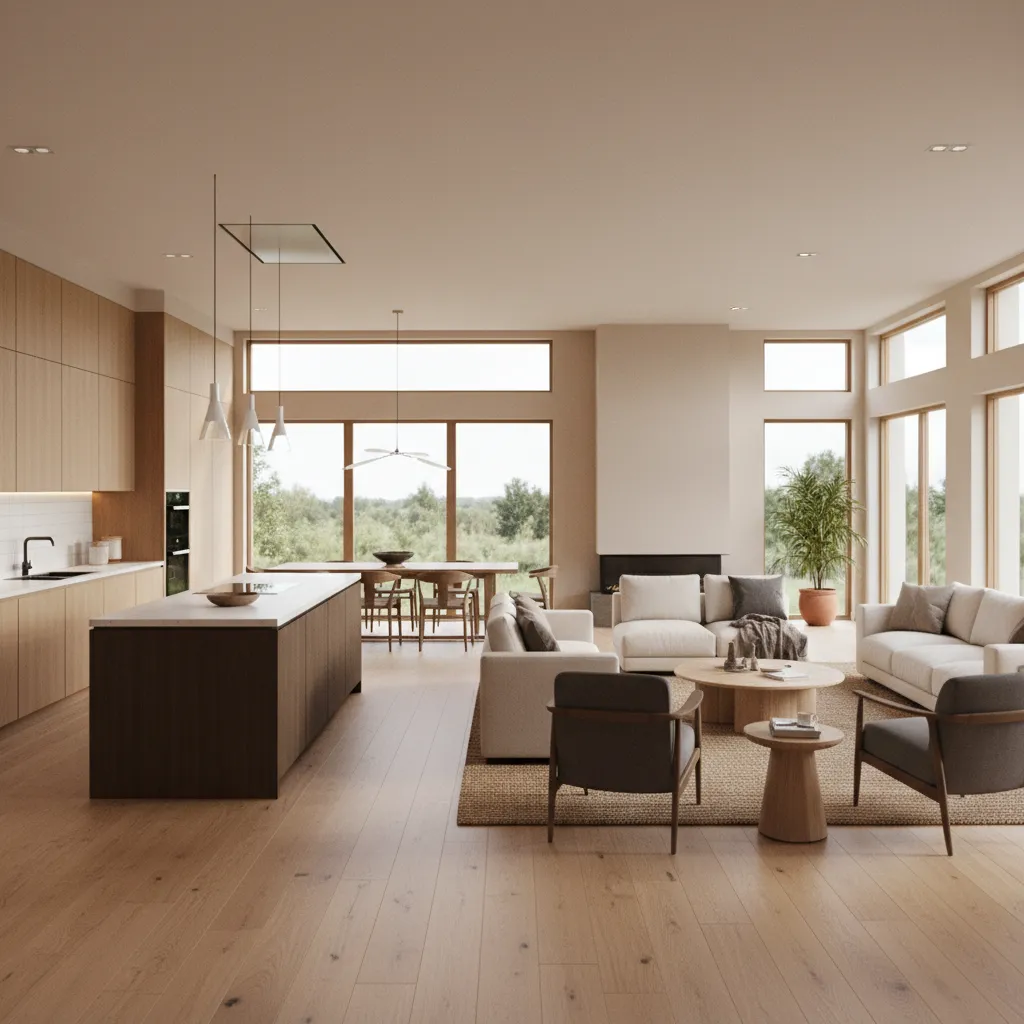 Modern open living room with wooden kitchen island dining table cream sofas and natural light