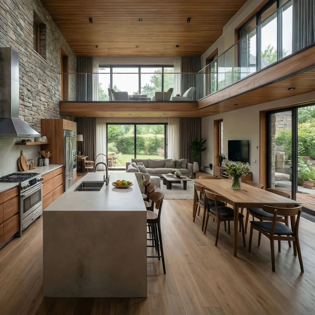Modern open plan kitchen and living room featuring stone walls wooden ceilings and large glass windows