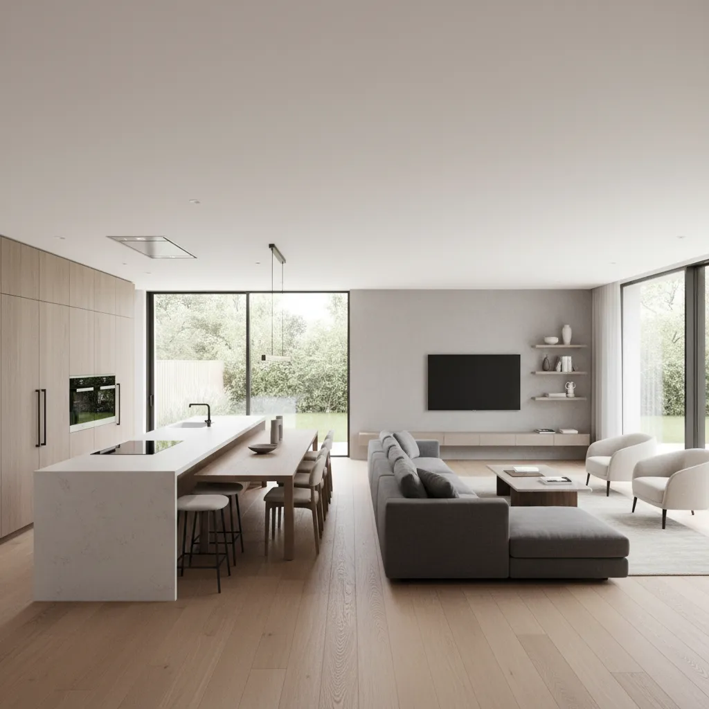 Spacious open room layout with grey sofa wooden cabinets kitchen island and big glass doors