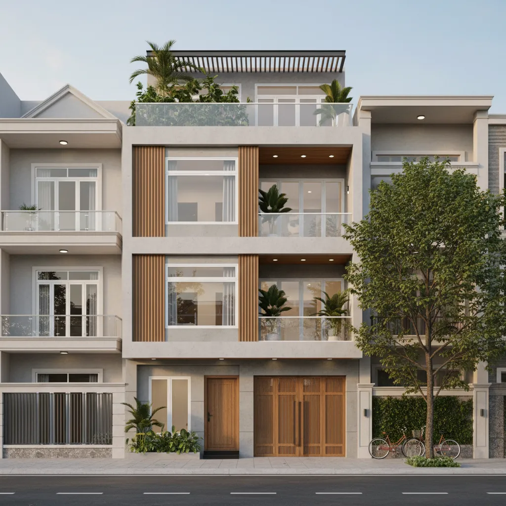 Three-story house exterior with grey walls, wood panels, glass balconies, roof terrace, and green trees