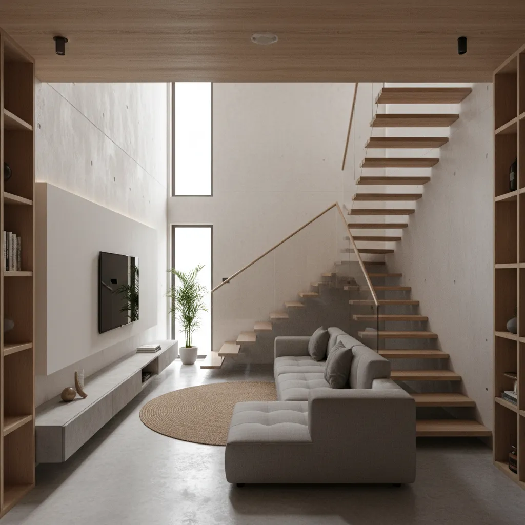Interior living room of a modern 3 storey tube house with open layout