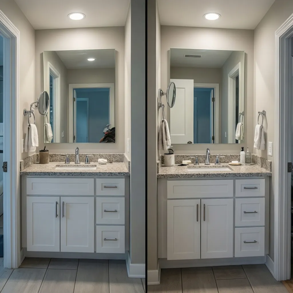 comparison of 30 inch and 36 inch bathroom vanity in narrow bathroom