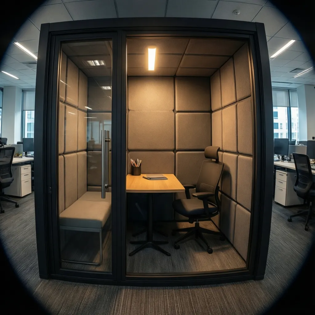 Compact office focus pod around 30 square feet with desk and acoustic panels