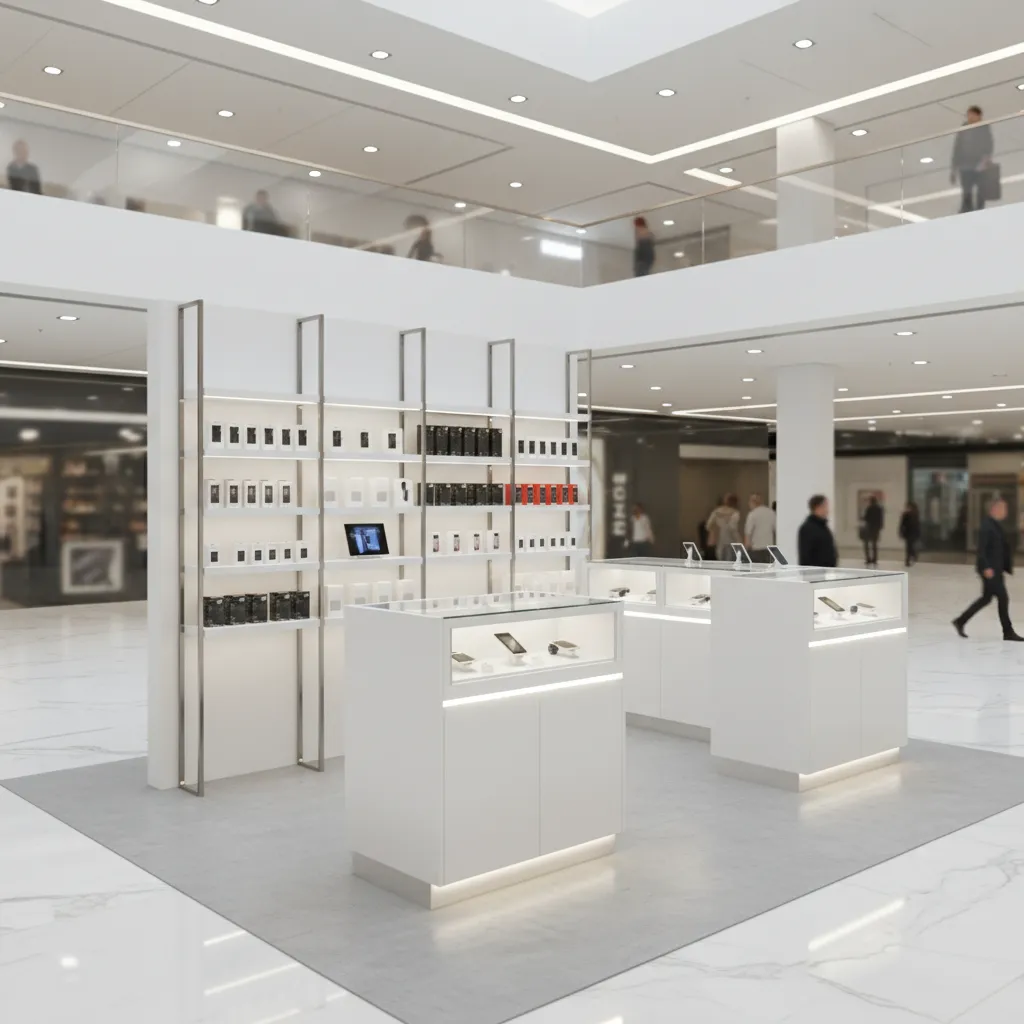 Small retail kiosk around 30 square feet in a shopping mall