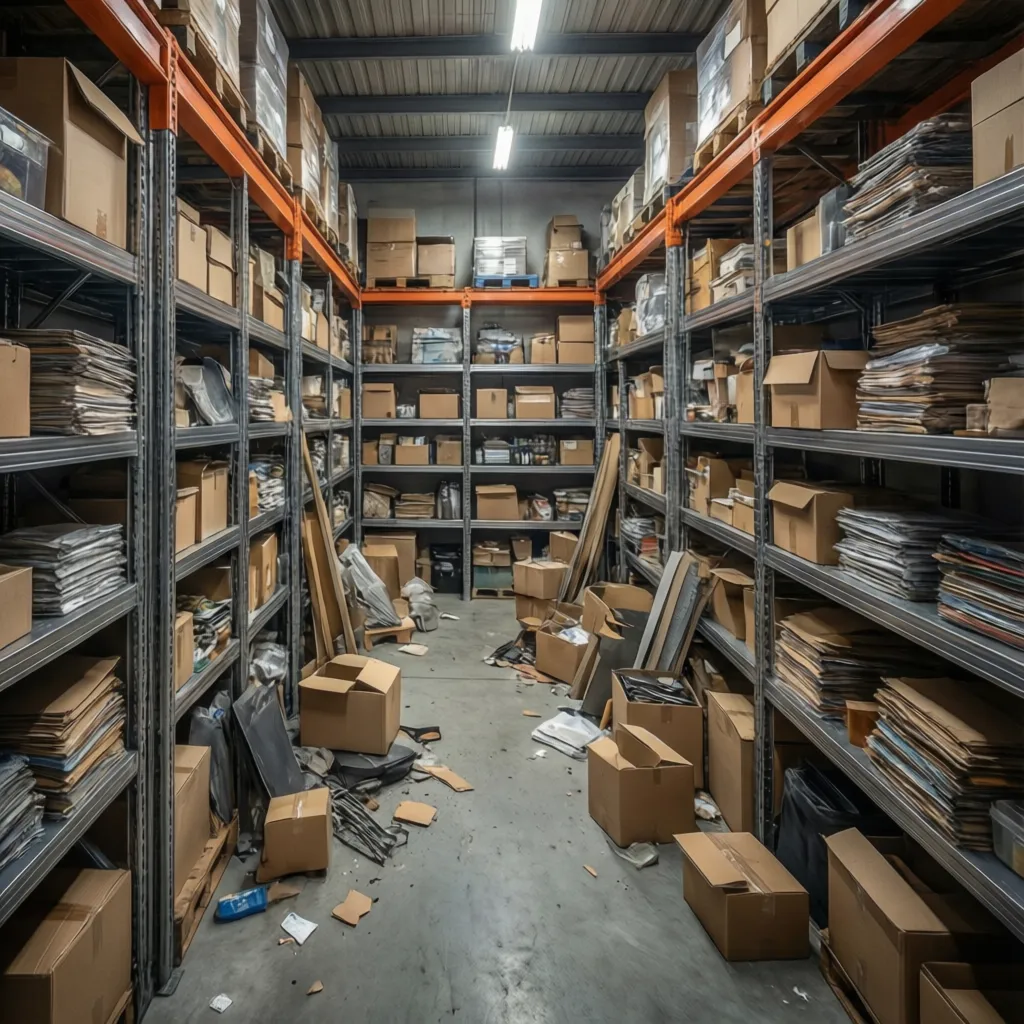 Small storage unit about 30 square feet with stacked boxes and shelves