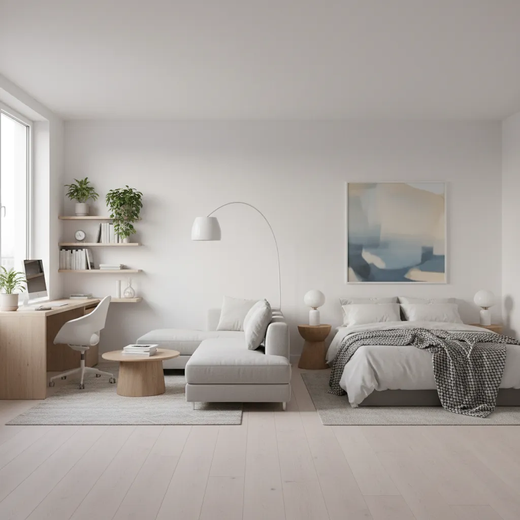 300 square feet studio apartment showing sleeping working and lounge zones