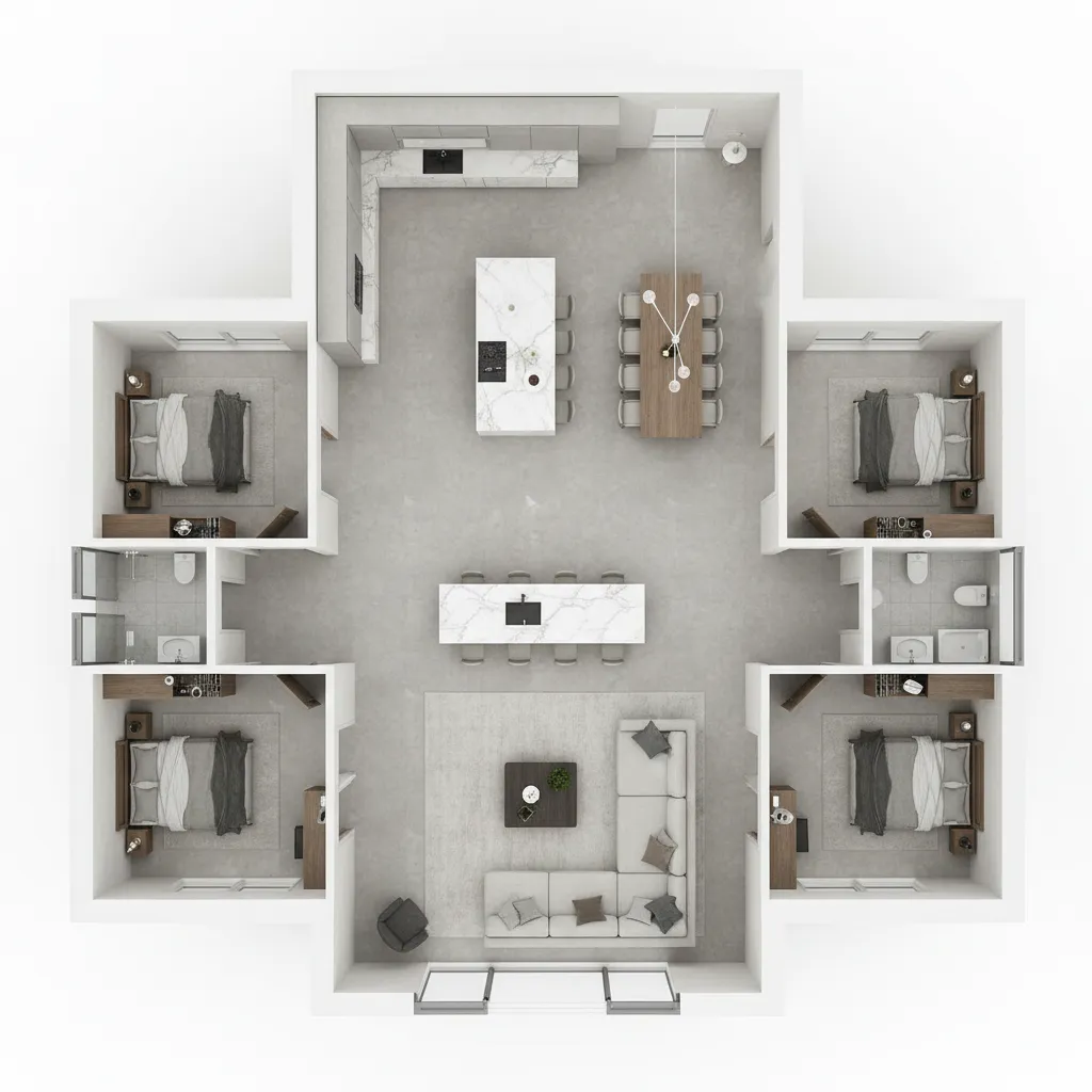 3D floor plan layout of a 3000 square foot house with open living areas