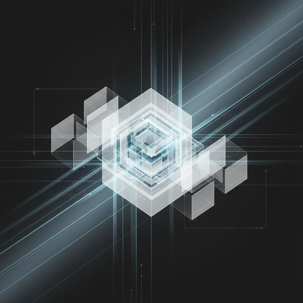 Abstract digital interior design drawing with glowing blue lines and transparent cubes on dark background