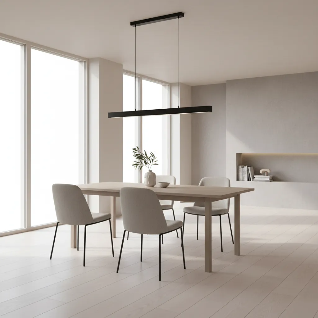 Four seat layout around a 30 x 60 dining table in a modern dining room
