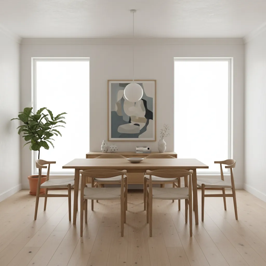 small dining room with a 30 x 60 dining table and four chairs arranged with comfortable spacing