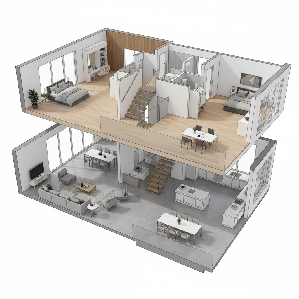 Stacked duplex floor plan concept designed for a 30 x 60 residential lot