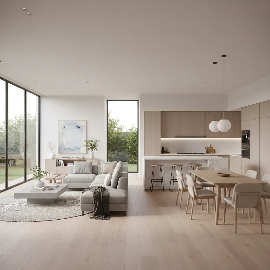 Open living dining kitchen layout inside a 30 x 60 house plan