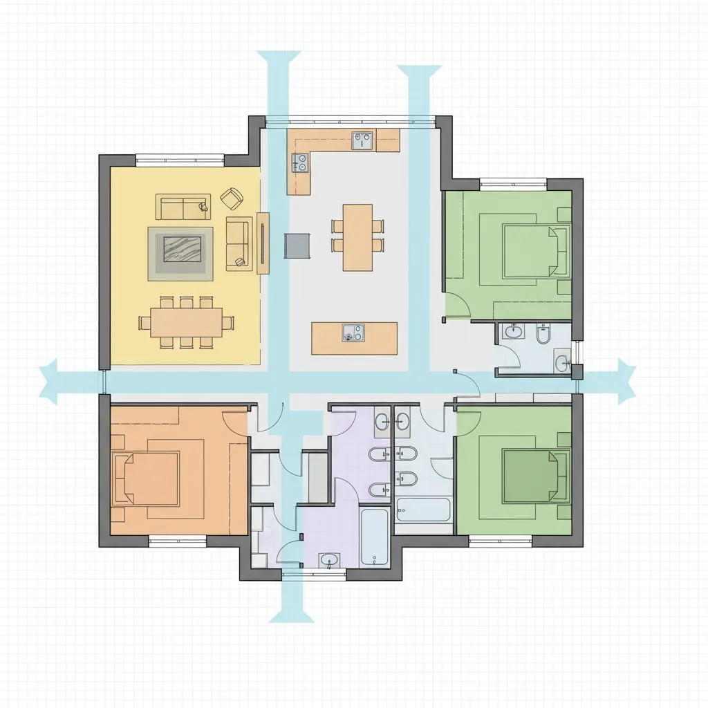 diagram highlighting circulation space efficiency in a 30 x 60 floor plan