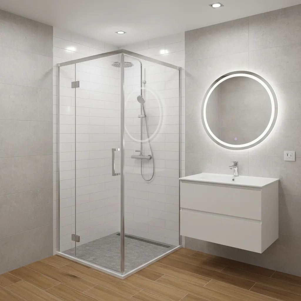 glass corner shower in a compact 4x6 bathroom