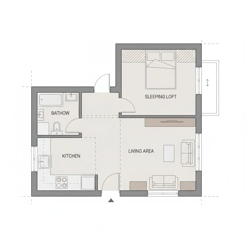 Efficient floor layout of a 330 sq ft micro home