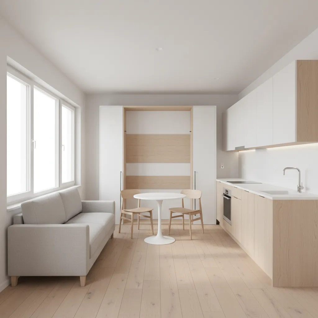 open studio layout inside a 330 sq ft tiny house with combined living sleeping and kitchen space