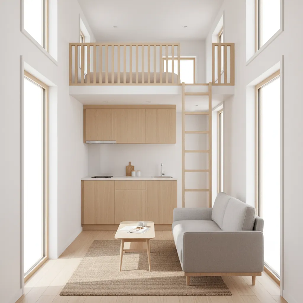 Compact 330 sq ft tiny house interior with open living space and loft bedroom