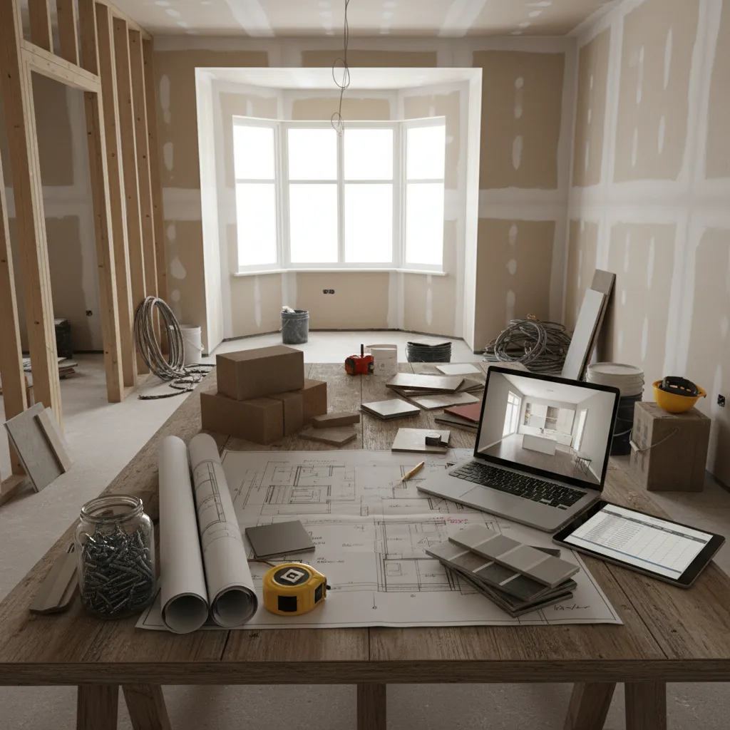 Room renovation site with floor plans and interior design drawing on laptop on wooden table