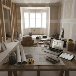 Room renovation site with floor plans and interior design drawing on laptop on wooden table