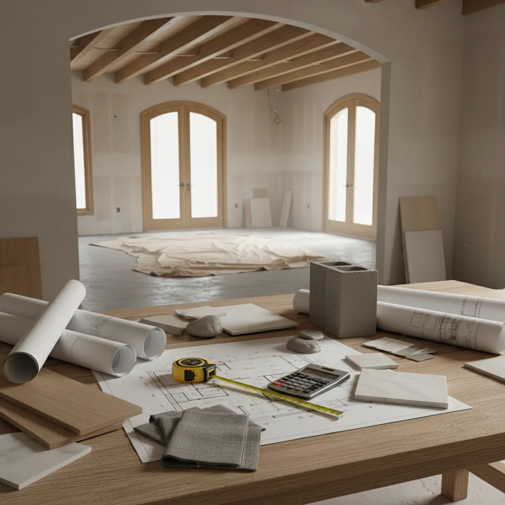 Interior design drawings on table with tape measure and calculator in front of unfinished room
