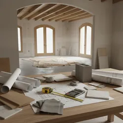 Interior design drawings on table with tape measure and calculator in front of unfinished room