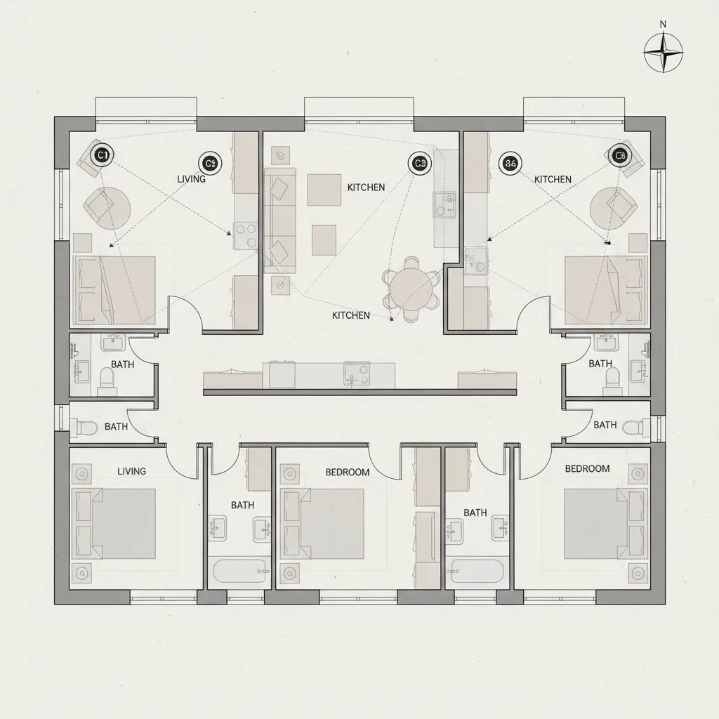 diagram showing multiple 360 capture positions inside a home layout