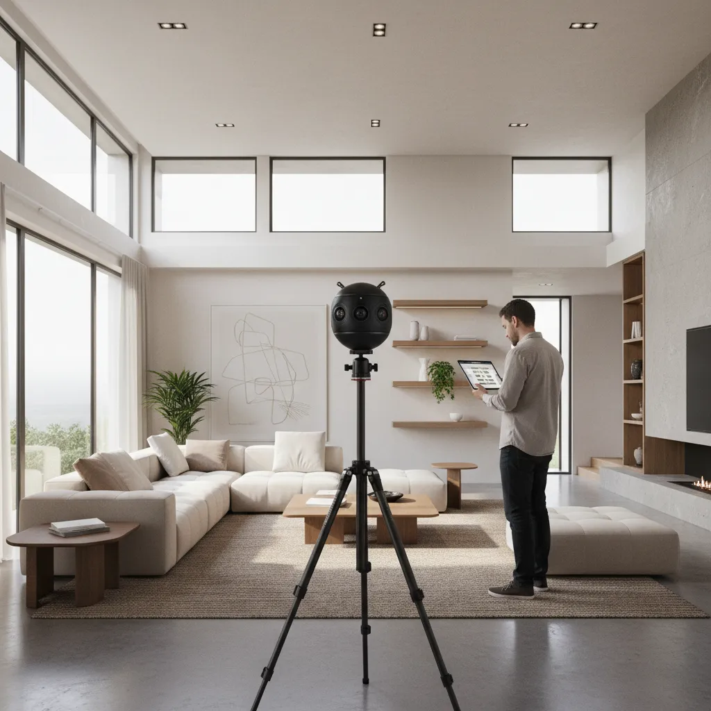 real estate professional scanning property interior using 360 camera