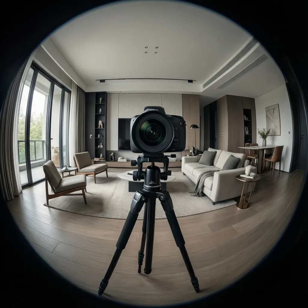 360 camera positioned in center of living room for accurate floor plan scanning