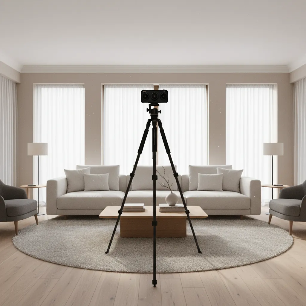 360 camera placed on tripod in living room capturing panoramic scans for floor plan generation