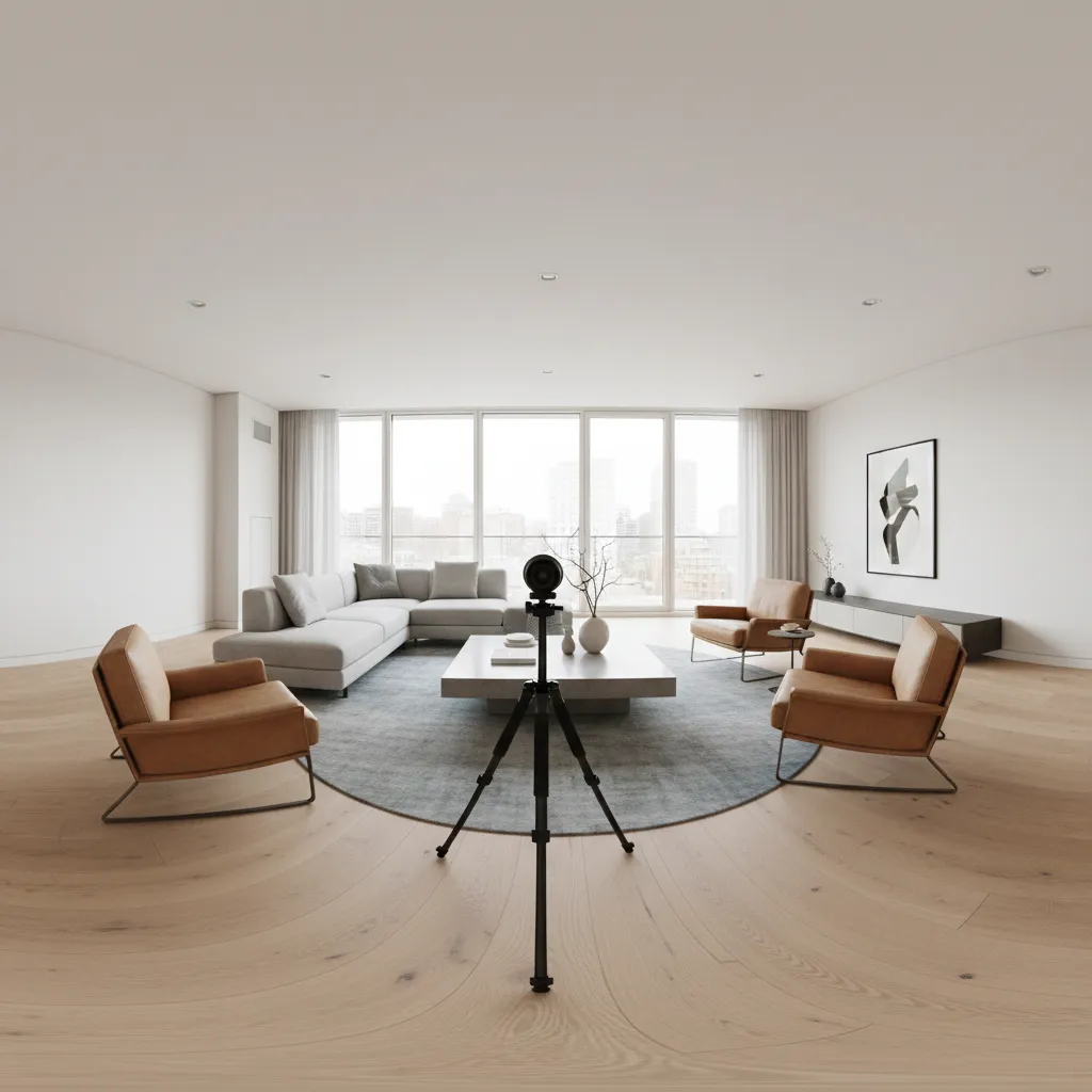 360 camera mounted on tripod in center of room to prevent parallax errors