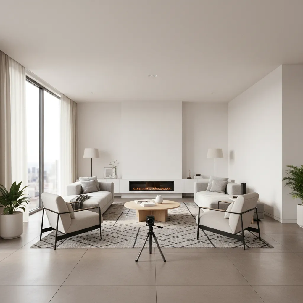 360 camera placed in center of a living room capturing panoramic image for floor plan generation