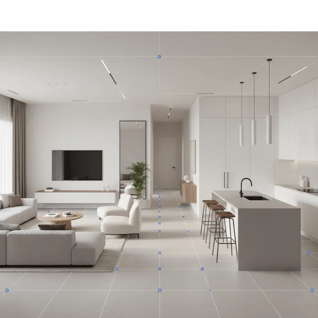 Demonstration of proper spacing between 360 camera scan points in a home interior