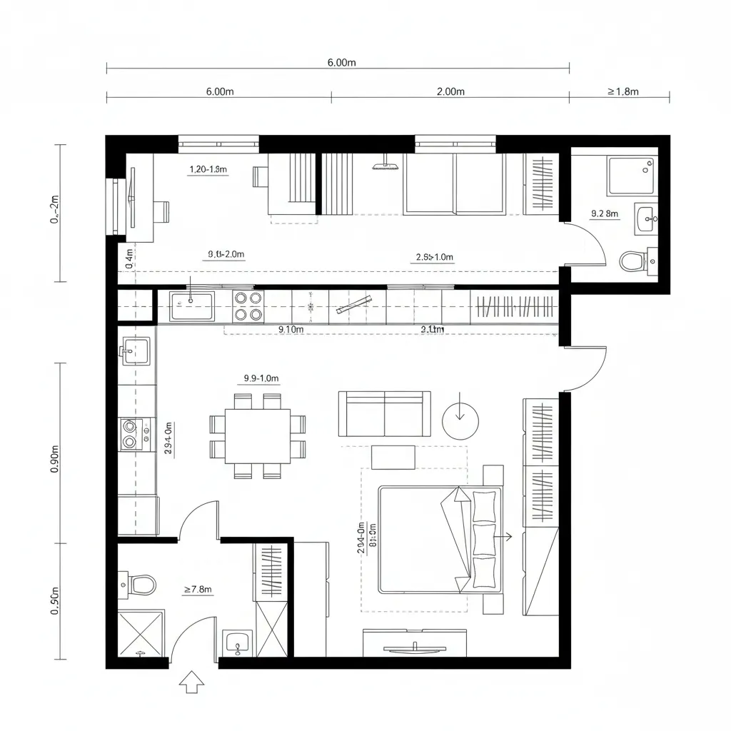 Top-down CAD plan of a 36 m² studio with a 900 mm service ribbon and clear sightlines