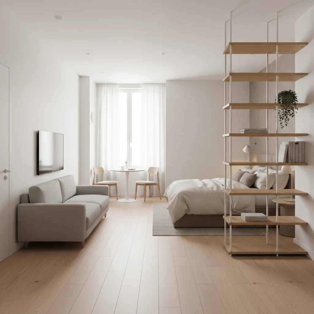 Small studio apartment layout with grey sofa wall TV dining table bed and open shelving