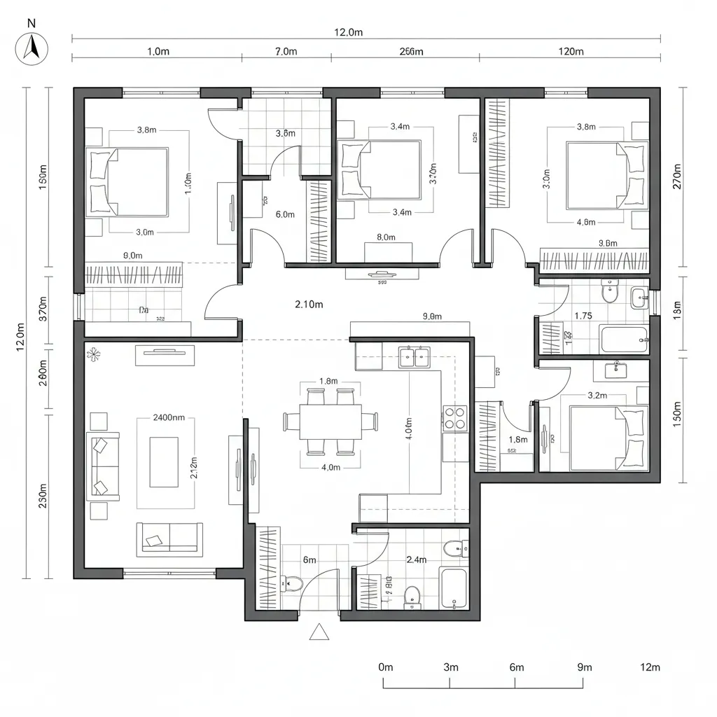 Floor plan layout of a four bedroom house with dimensions showing furniture and room wall positions
