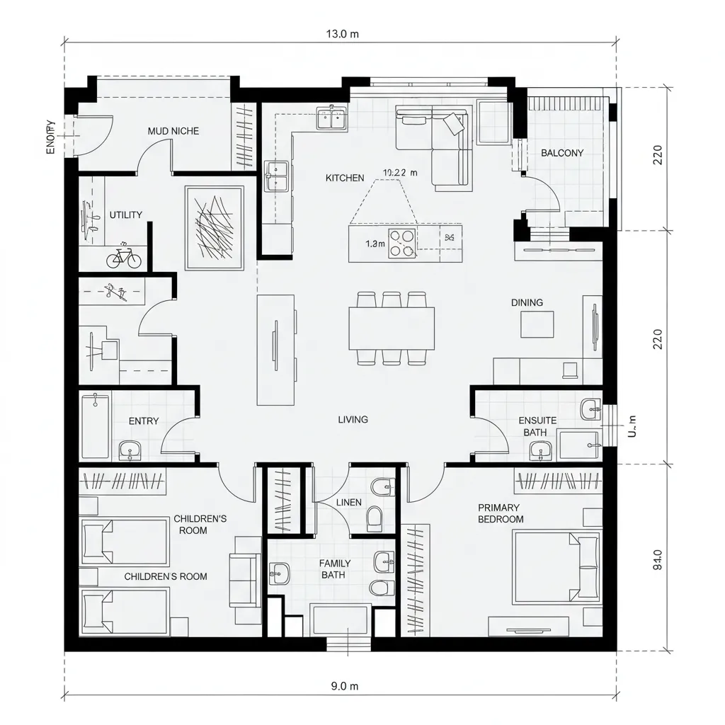 Detailed house floor plan with primary bedroom kitchen living room and two children rooms layout design