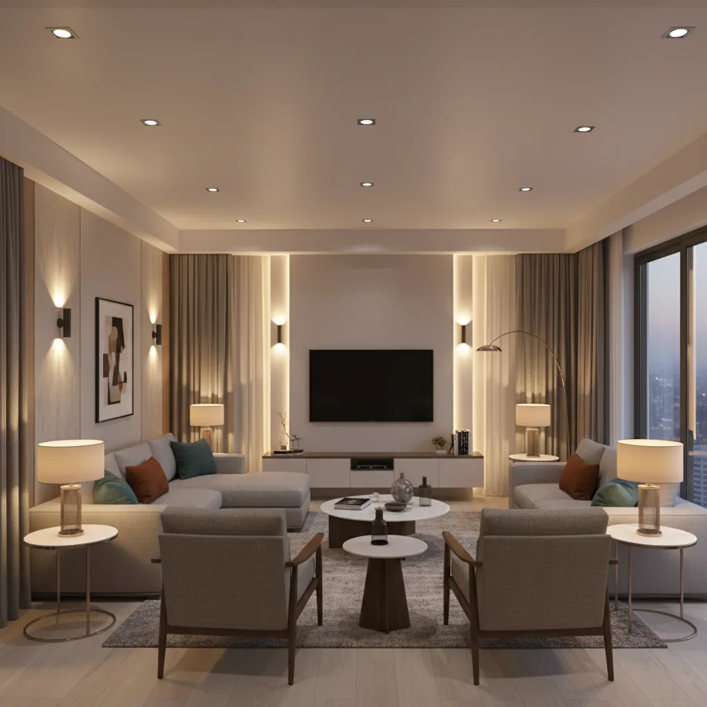 Layered lighting design in a modern apartment living room