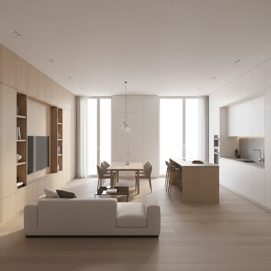 Apartment interior layout showing living dining flow and storage walls