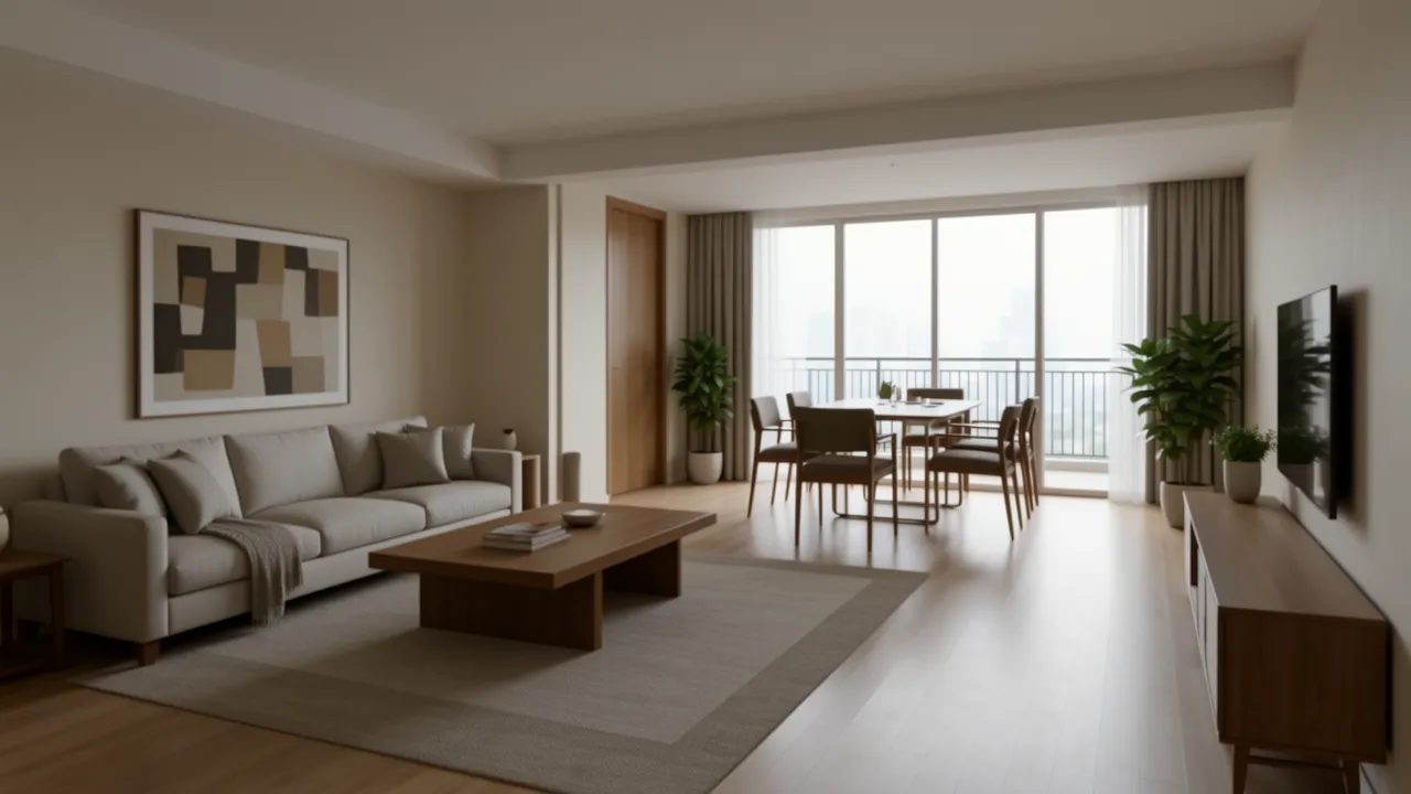 Well planned living room layout in a 3 BHK apartment with sofa, dining zone and open walkway