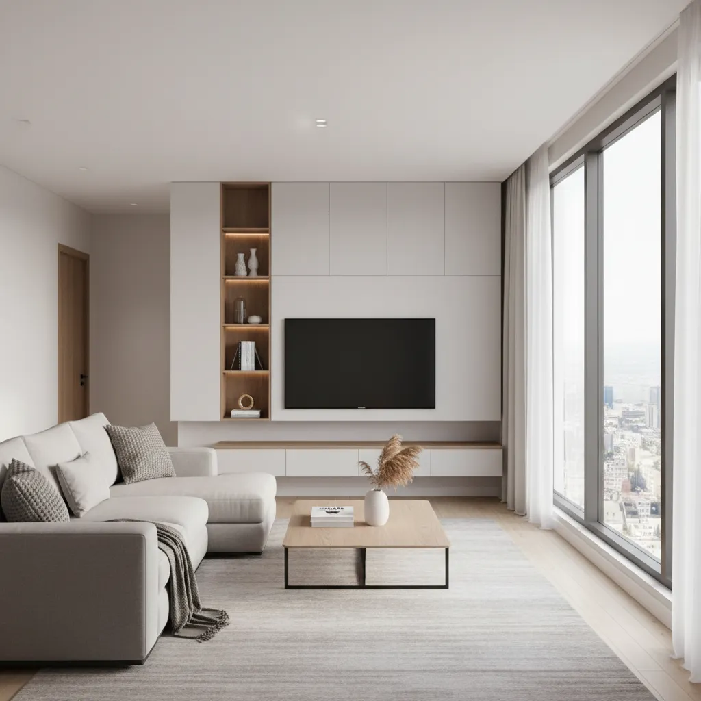 Modern living room layout inside a 3 BHK apartment