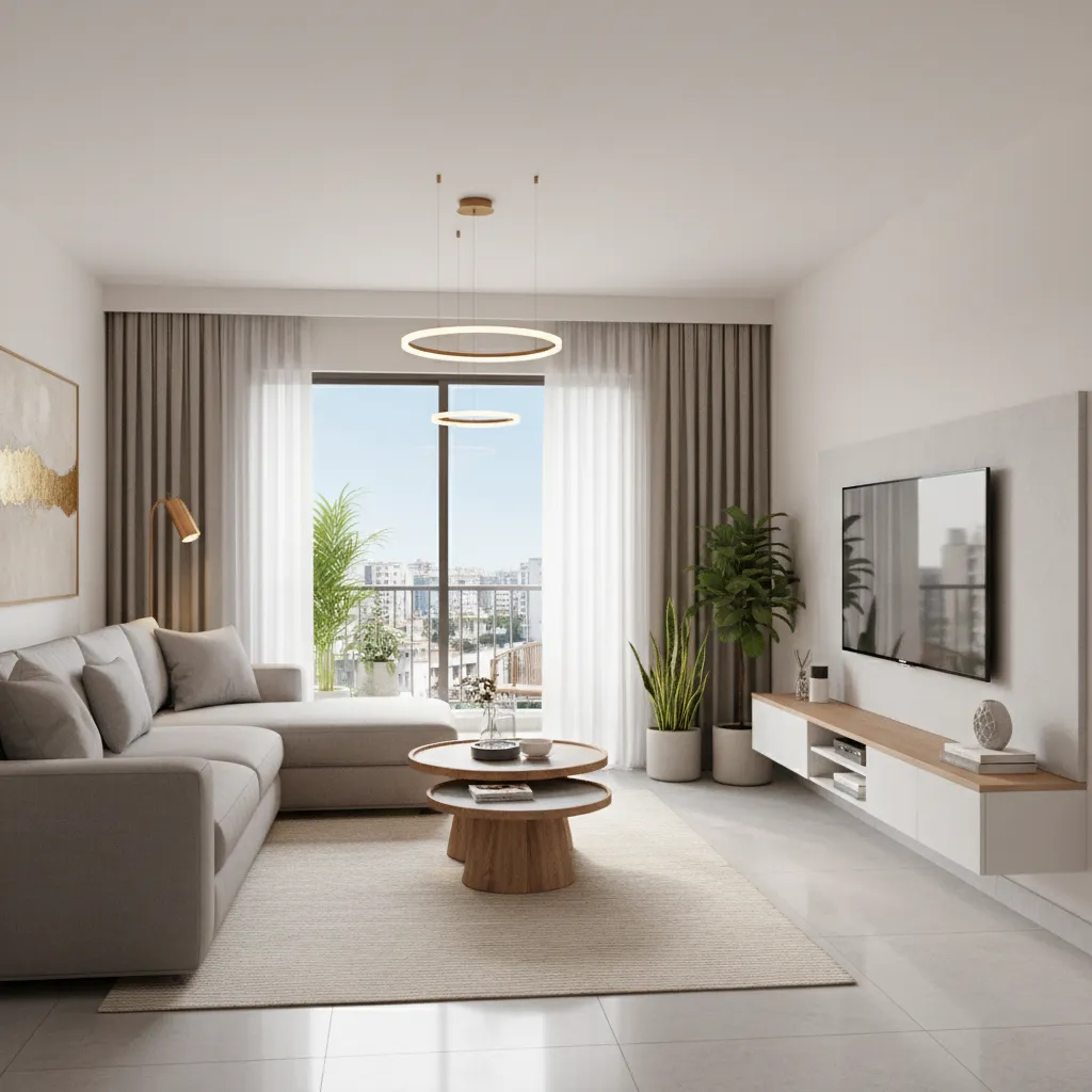 Spacious living area in a 3 BHK apartment with modern furniture and natural lighting
