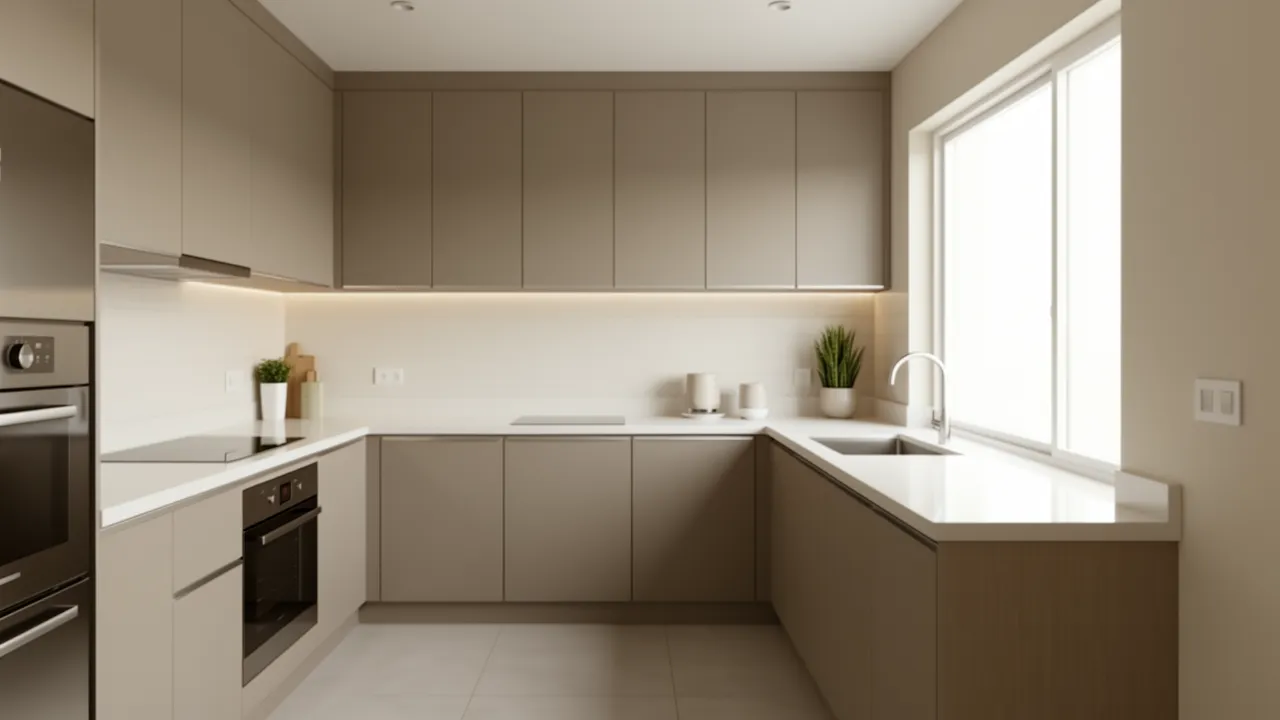 modern apartment kitchen layout in a 3 bhk home