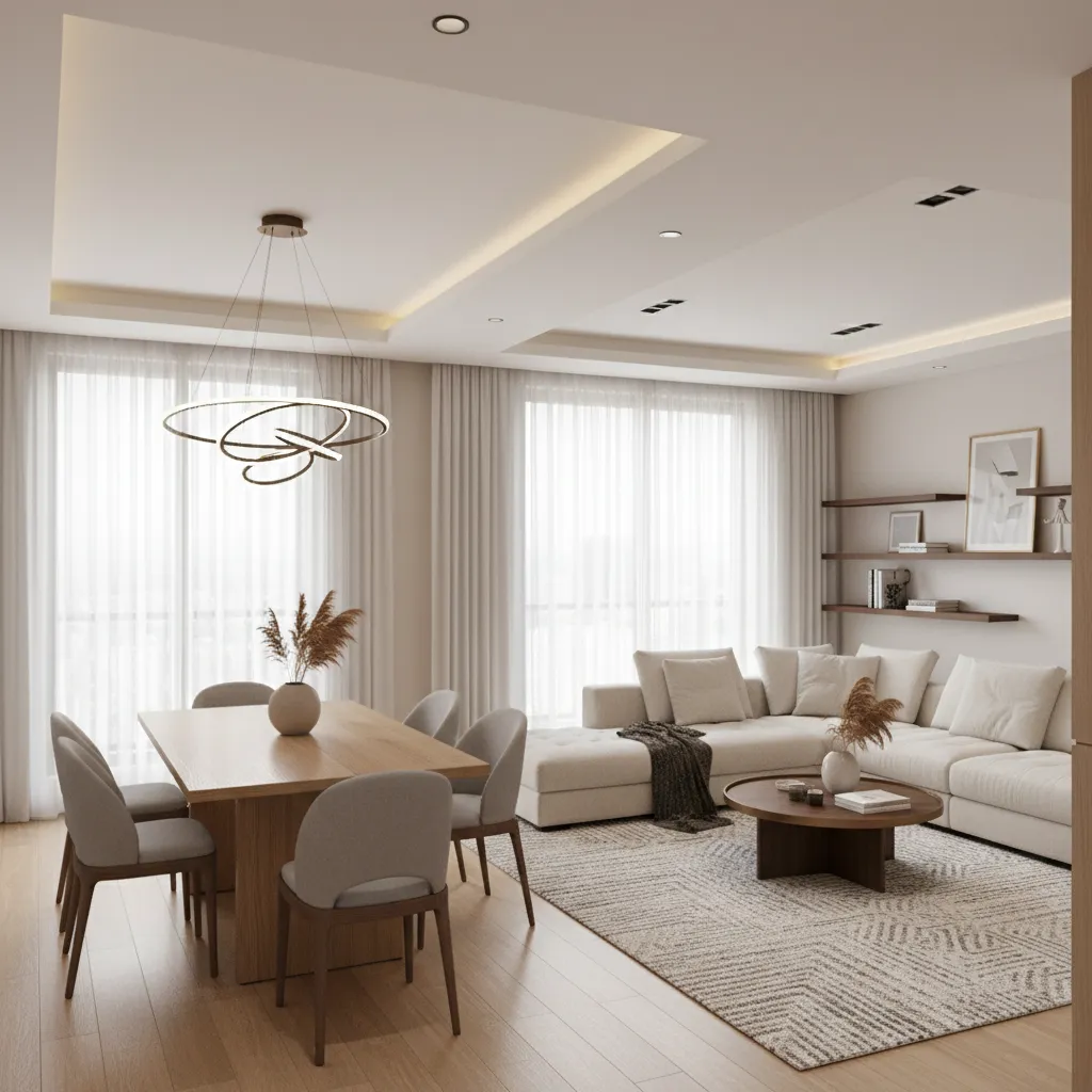 Open living and dining layout in a modern 3 BHK apartment