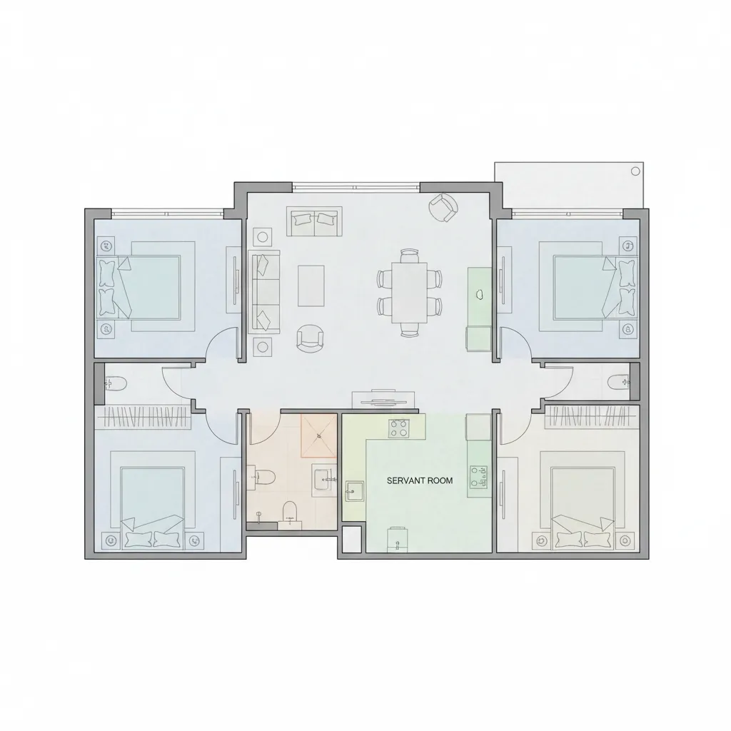 Example of a 3 BHK apartment layout with compact servant room near kitchen
