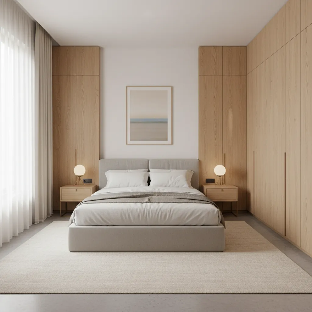 Built in storage wardrobe design inside a bedroom of a 3 BHK apartment